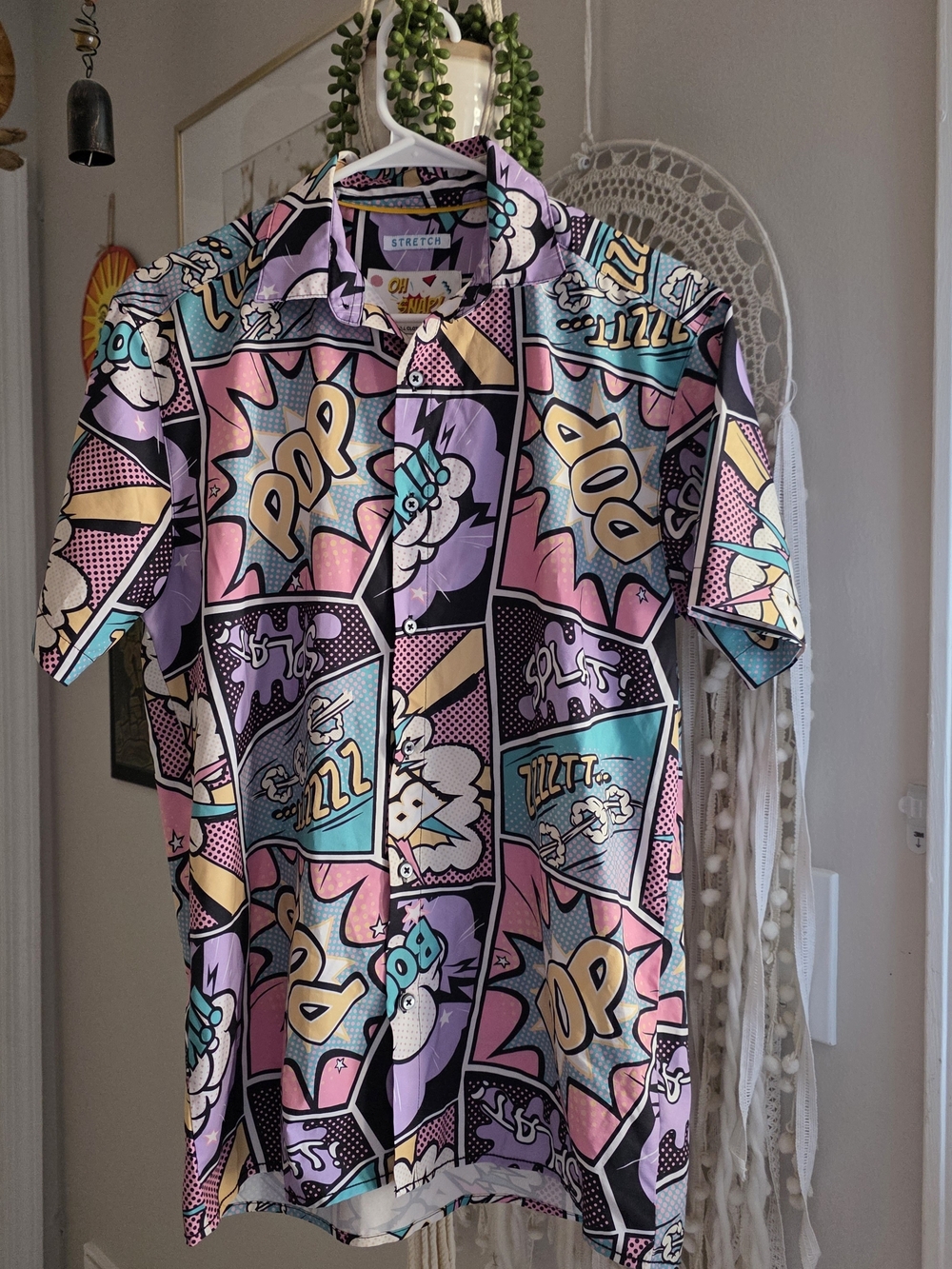 Men's Short-Sleeve Comic Pop Art Button-Down Shirt - Pastel Multi
